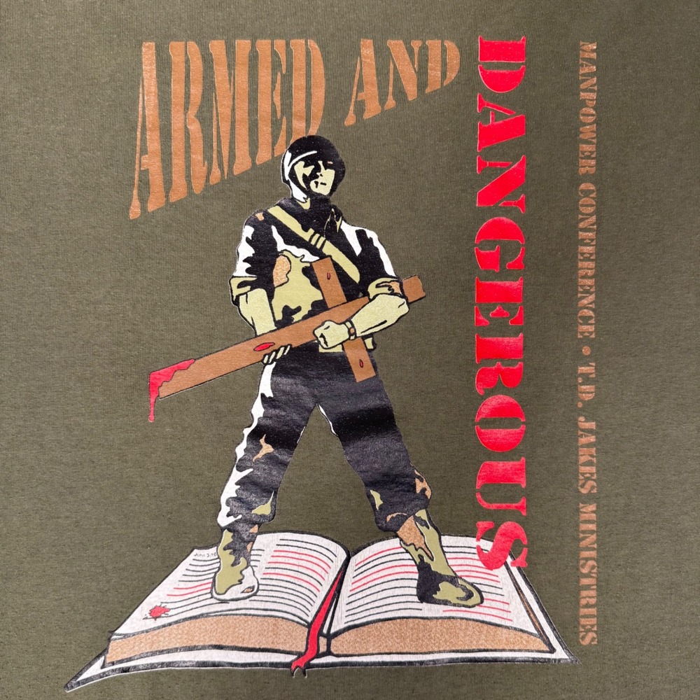 Vintage T.D. Jakes Manpower Conference Shirt XL Olive Armed and‎ Dangerous 90s - Picture 7 of 8